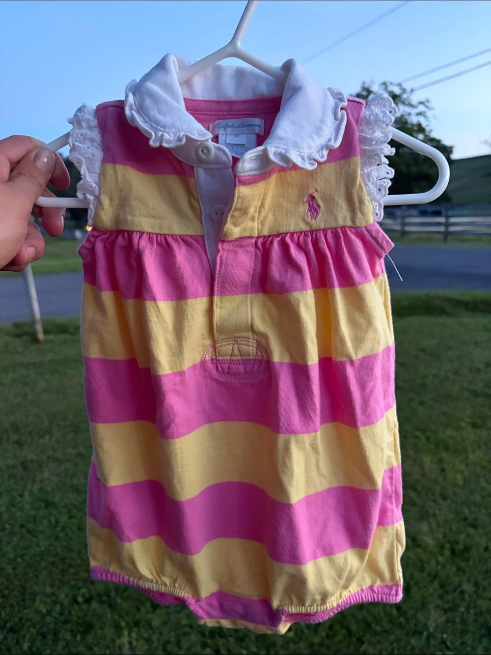 Ralph Lauren Pink and Yellow Striped Baby Romper with Lace Collar